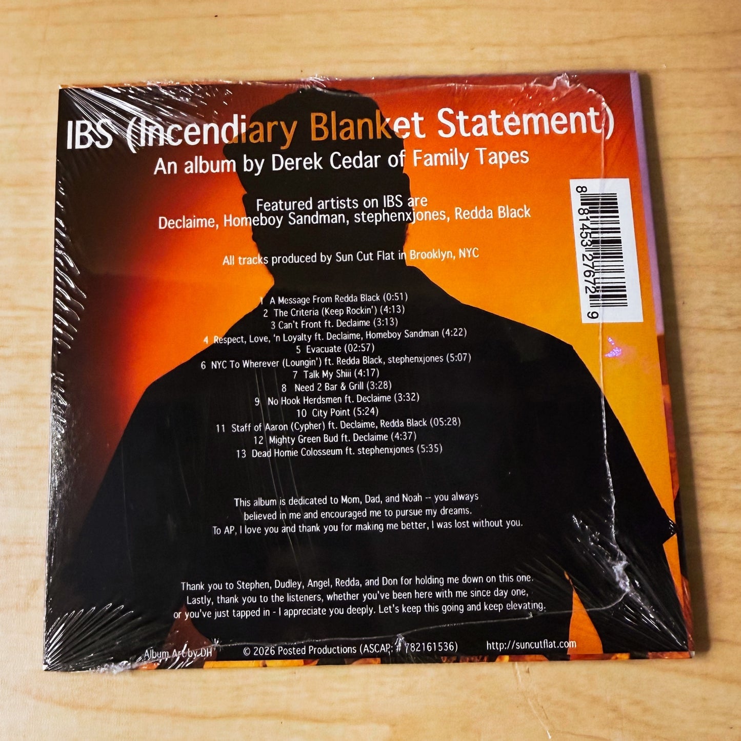 Limited Edition CD in Jacket Sleeve - "IBS (Incendiary Blanket Statement)" by Family Tapes, Derek Cedar, Prod. Sun Cut Flat